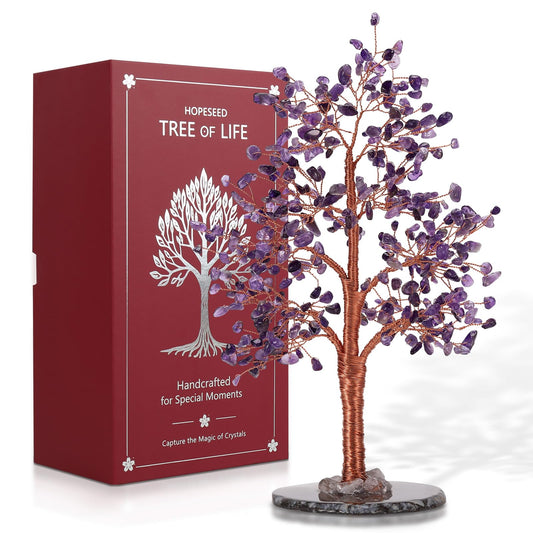 Hopeseed Amethyst Chakra Tree on a natural agate base for grounding decor.