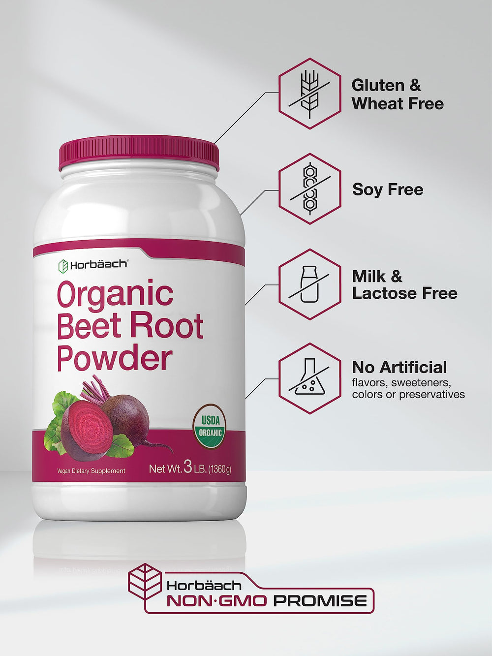 Horbäach beet root powder in a glass jar with label visible