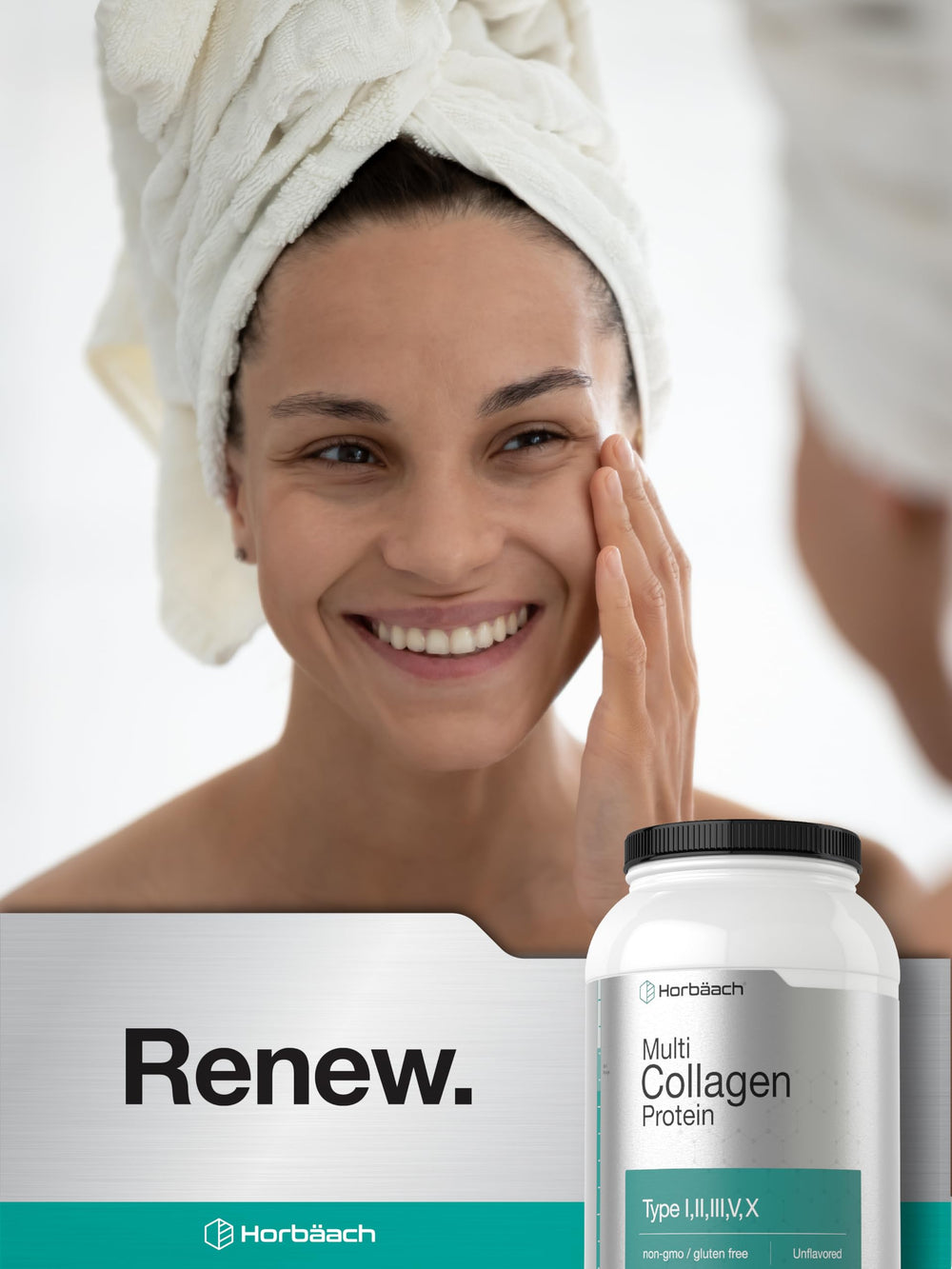 Horbaach packaging angle shot highlighting 32 oz bottle of collagen powder.