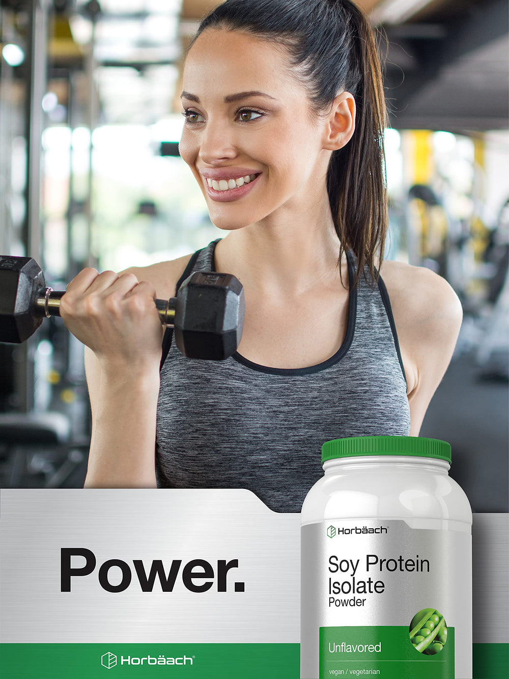 Nutrition label close-up of Horbaach Soy Protein Isolate, non-GMO and gluten-free.