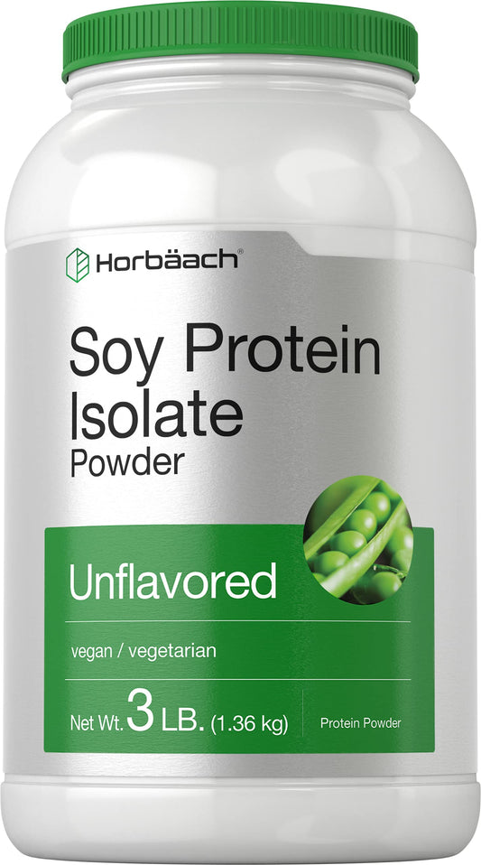 Horbaach Soy Protein Isolate Powder bottle with label, ideal for shakes.