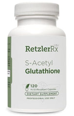 HormoneSynergy RetzlerRx bottle shows 100 mg S-Acetyl Glutathione for antioxidant support.