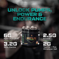 Back of HOSSTILE Amped bottle shows hydration hints and electrolyte blend.