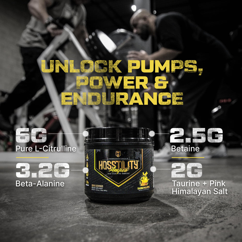 HOSSTILE Amped caffeine matrix highlights 450mg caffeine per serving