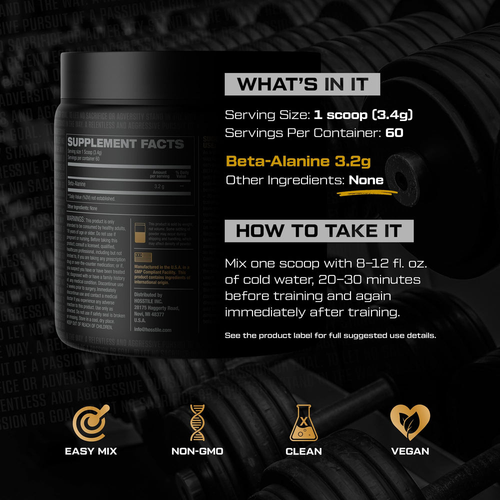 HOSSTILE Beta-Alanine powder label highlights a clean, non-GMO formula.