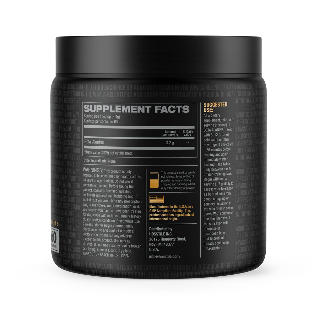 HOSSTILE Beta-Alanine powder tub with 60 servings for steady training.