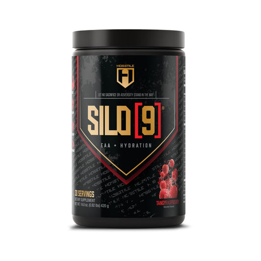 HOSSTILE SILO9 tub front label shows Tangy Raspberry flavor for EAA hydration.