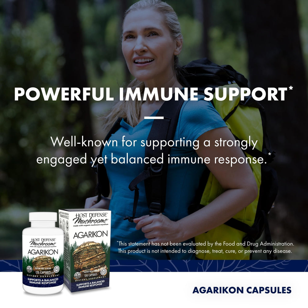 Ingredients panel of Host Defense Agarikon capsules showing mushroom mycelium
