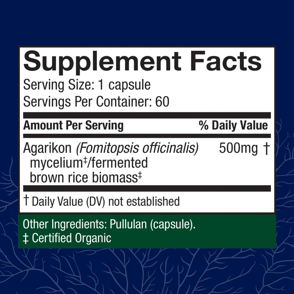 Host Defense Agarikon capsules label close-up highlighting Agarikon mushroom.