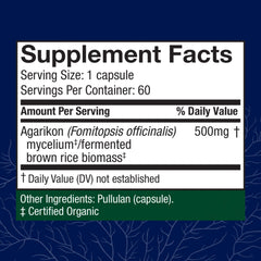 Host Defense Agarikon capsules label close-up highlighting Agarikon mushroom.