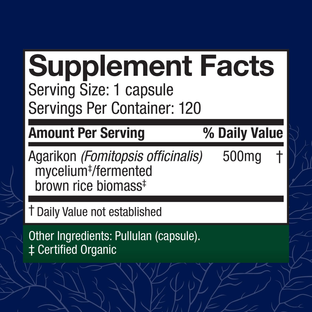 Host Defense Agarikon capsules label highlights organic mushroom ingredients
