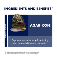 Packaging of Host Defense Agarikon capsules showing USA-grown, gluten-free, organic seal