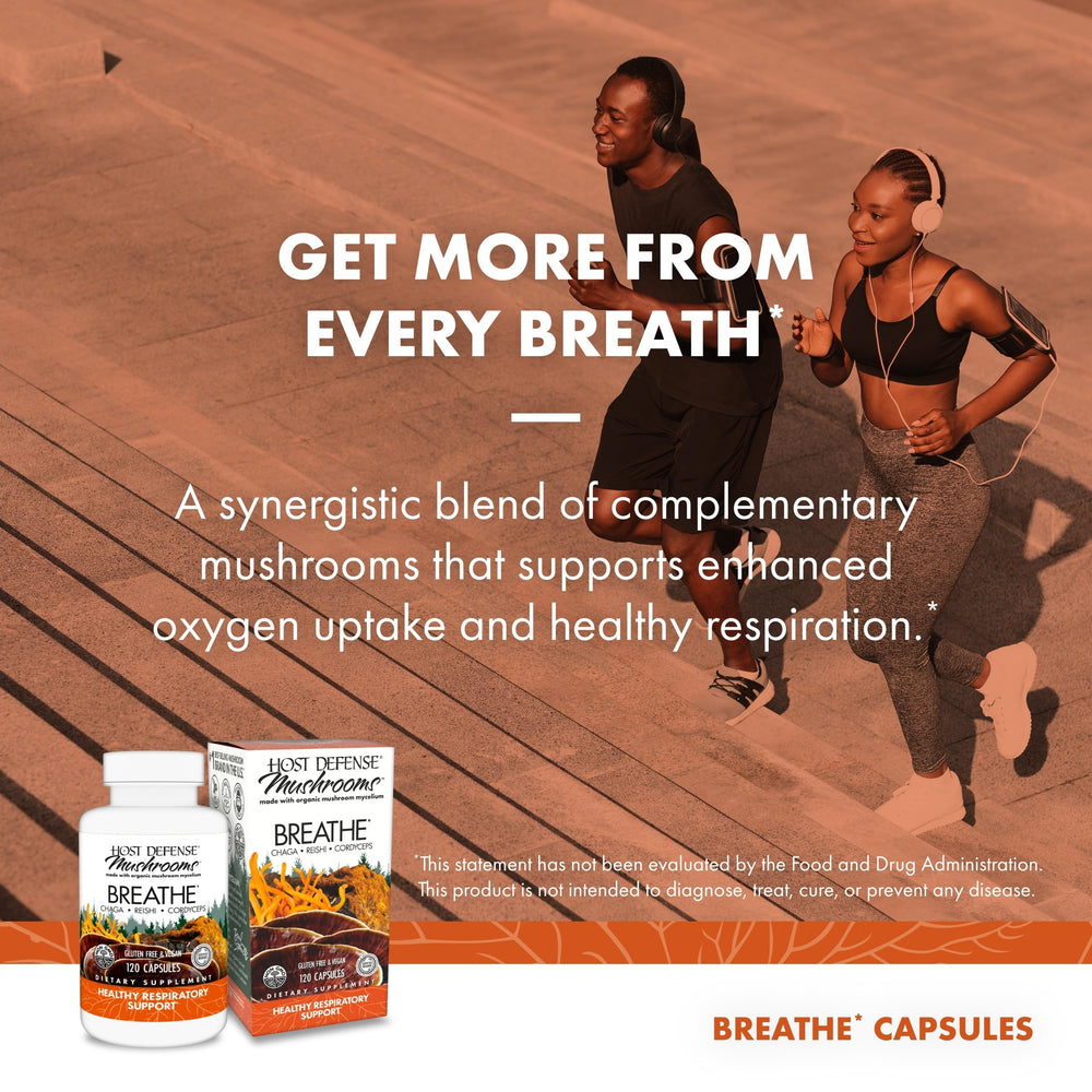 Host Defense Breathe Capsules packaging box displaying brand and certification