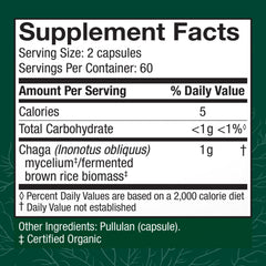 Host Defense Chaga Capsules label closeup highlighting organic, non-GMO ingredients.
