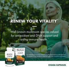 Host Defense Chaga Mushrooms in bowl showcase natural ingredients for wellness.