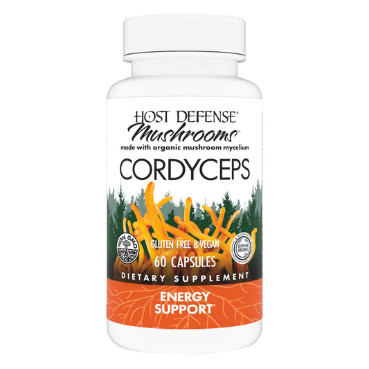 Host Defense Cordyceps capsules bottle front highlighting immune and energy support