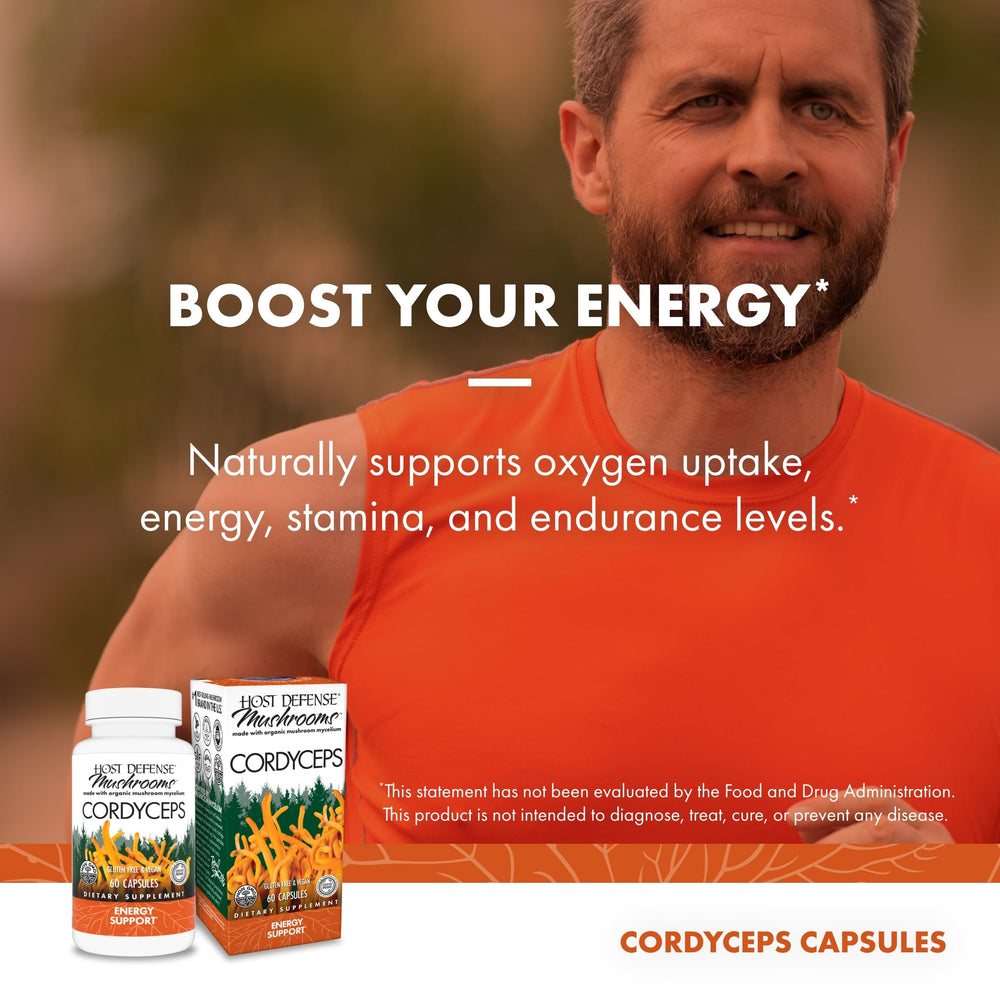 Host Defense Cordyceps capsules in a workout setup suggesting oxygen uptake support