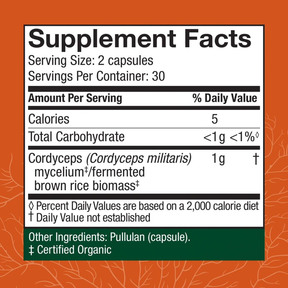 Host Defense Cordyceps capsules ingredients close-up featuring organic mushroom mycelium