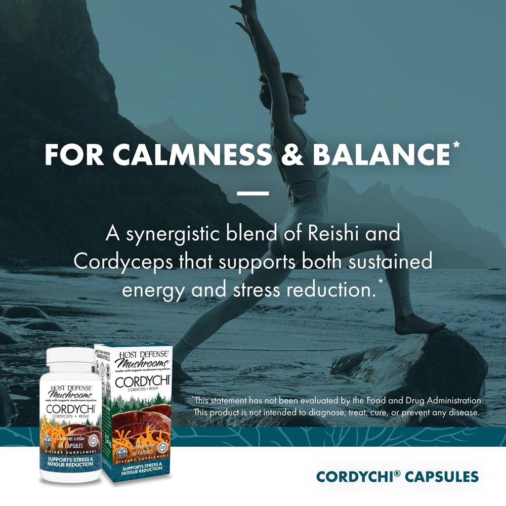 Mushroom mycelium-based Host Defense CordyChi supplement visual texture showing natural ingredients.