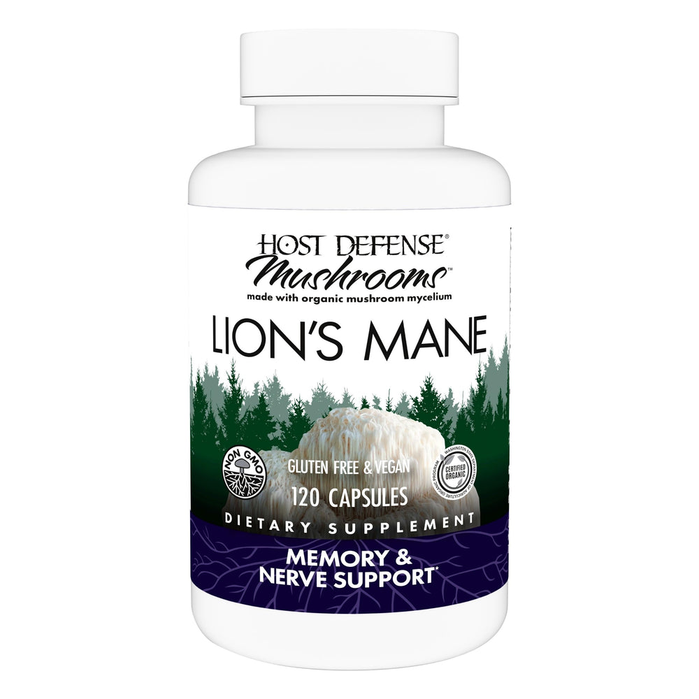 Host Defense Lion's Mane bottle label highlighting brain health support potential