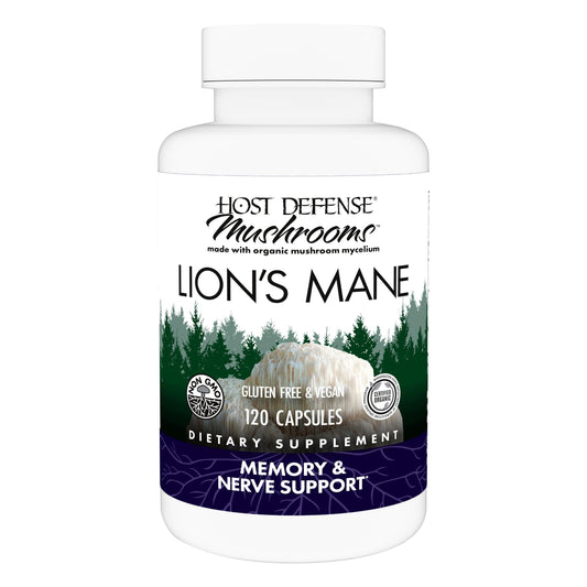 Host Defense Lion's Mane bottle label highlighting brain health support potential
