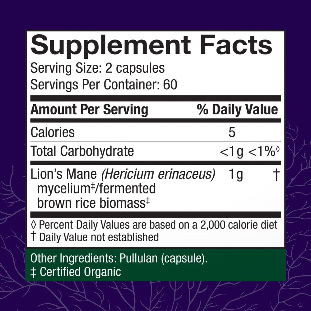 Host Defense Lion's Mane bottle label close-up highlighting organic mycelium