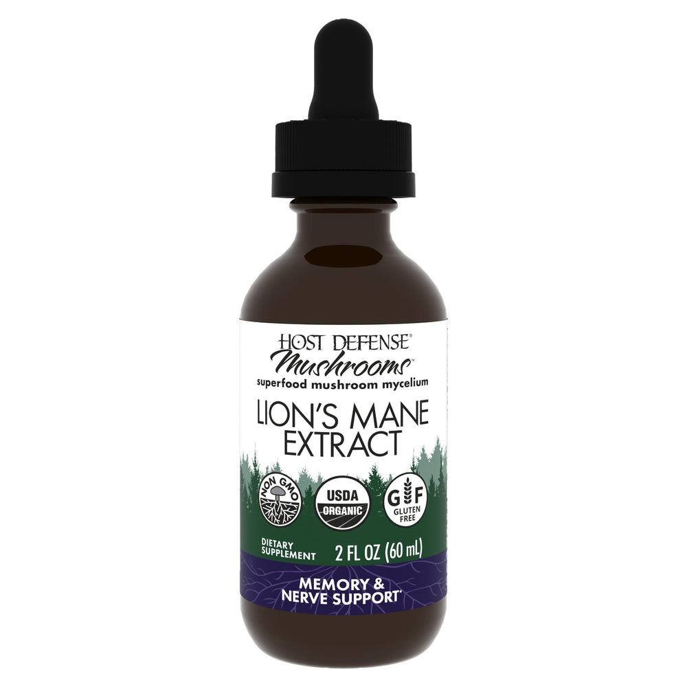 Host Defense Lions Mane liquid bottle for daily focus support.
