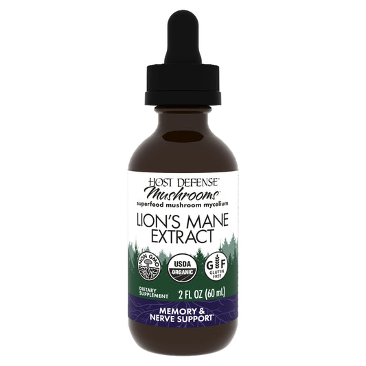 Host Defense Lions Mane liquid bottle for daily focus support.