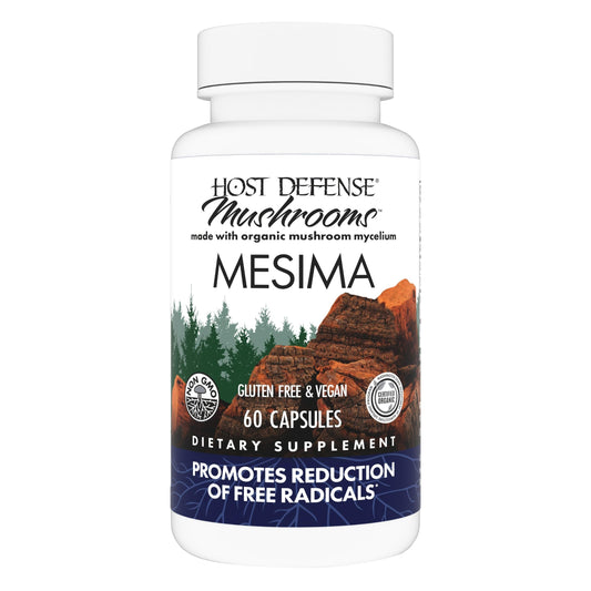 Host Defense Mesima capsules bottle close-up showing potential antioxidant support.