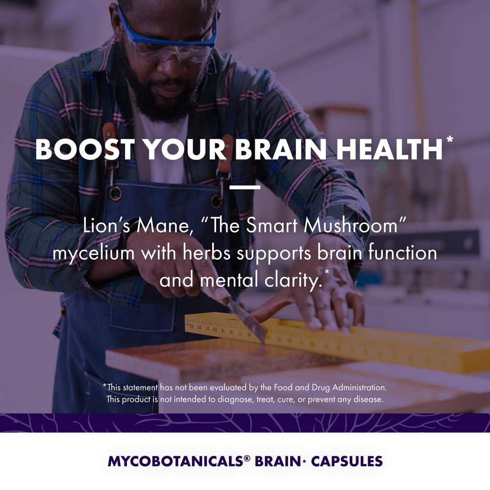 Host Defense MycoBotanicals Brain capsules herbal blend featuring Lion's Mane, Reishi, Cordyceps