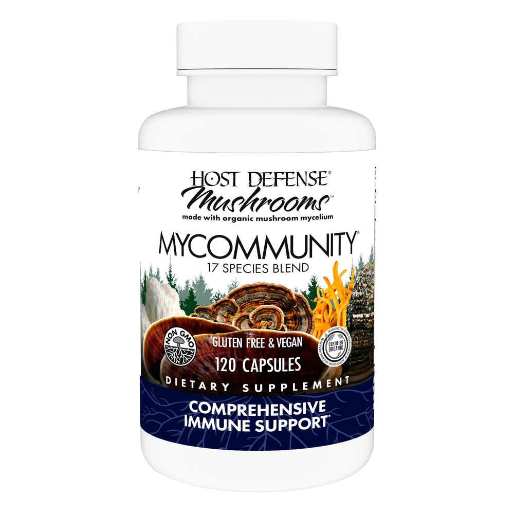 Host Defense MyCommunity capsules bottle front for daily immune balance and ease.