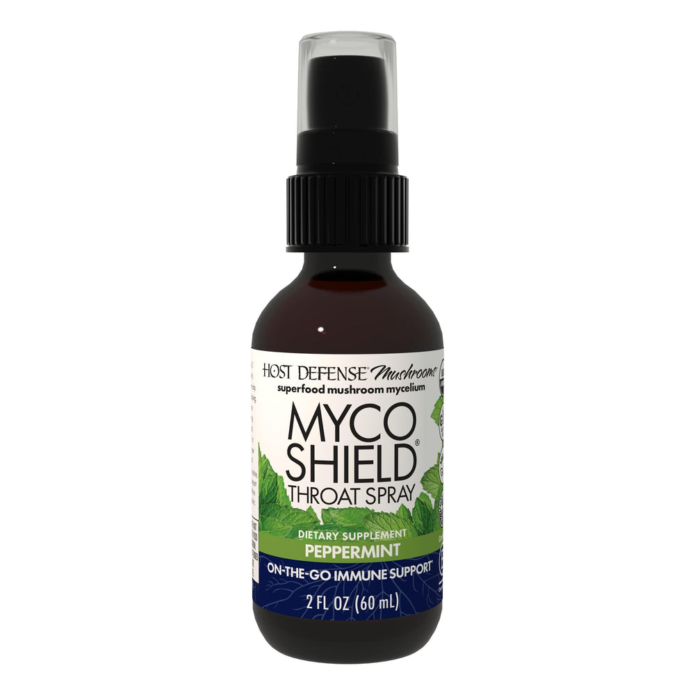 Host Defense MycoShield Throat Spray bottle ready for on-the-go immune support.