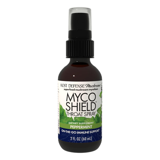 Host Defense MycoShield Throat Spray bottle ready for on-the-go immune support.