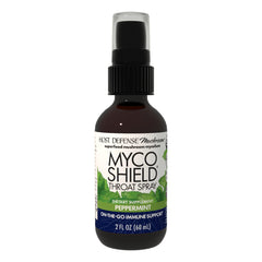 Host Defense MycoShield Throat Spray bottle ready for on-the-go immune support.