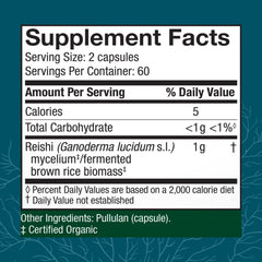 Host Defense Reishi capsules bottle side highlighting organic, non-GMO formula