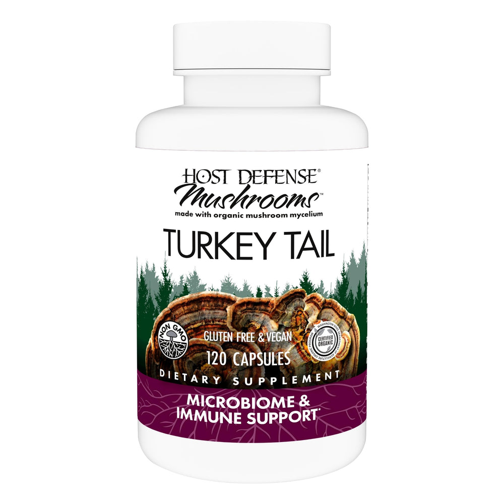 Host Defense Turkey Tail capsules bottle shown ready for daily digestive and immune support.