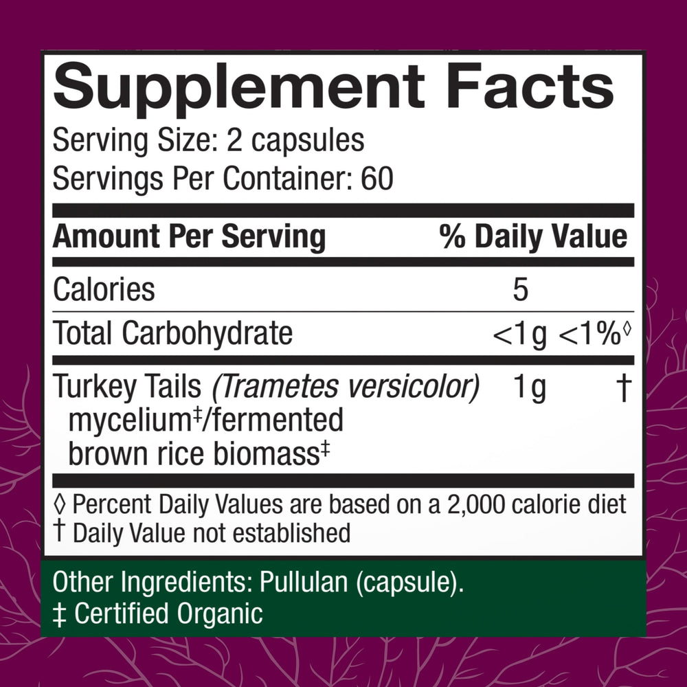 Host Defense Turkey Tail capsules packaging highlights organic mushrooms and prebiotics.
