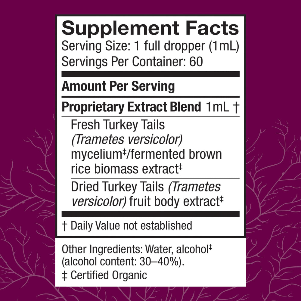 Host Defense Turkey Tail Extract dropper dispensing a measured dose for gut balance.