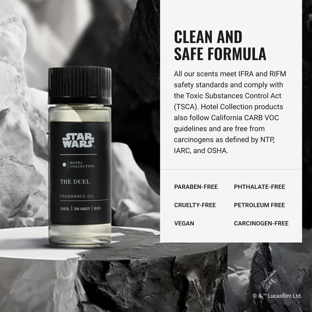 Hotel Collections The Duel Pro-Pod Oil beside a diffuser emphasizing musk and amber depth