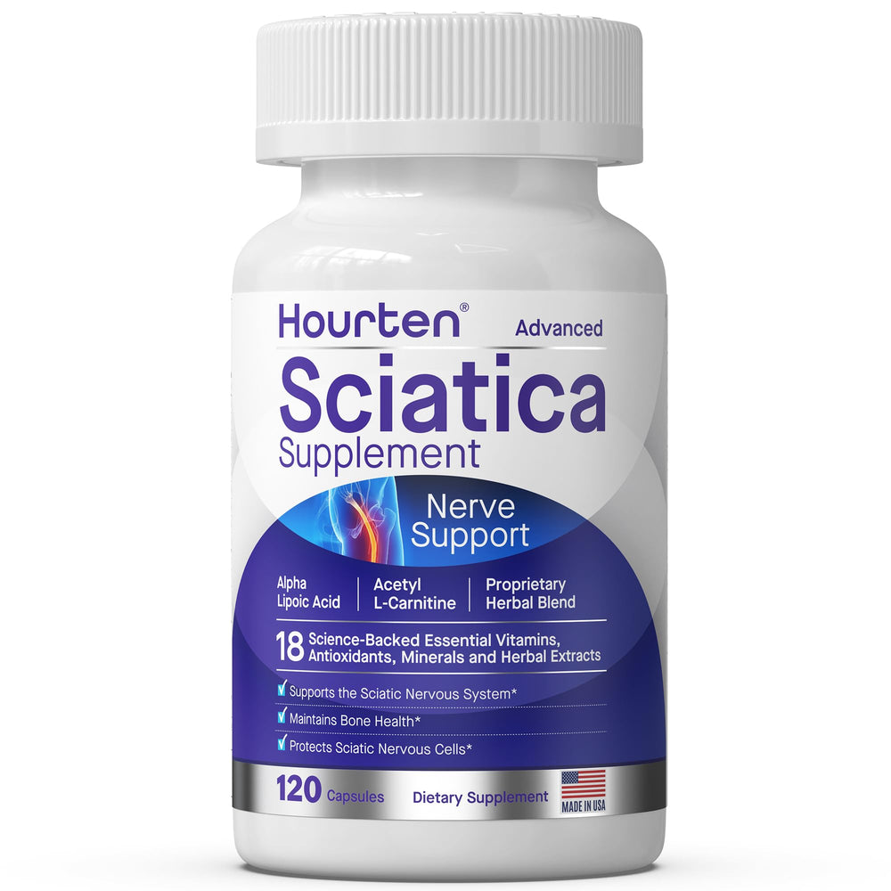 Hourten bottle front displays product name and 18-in-1 formula for sciatic relief.