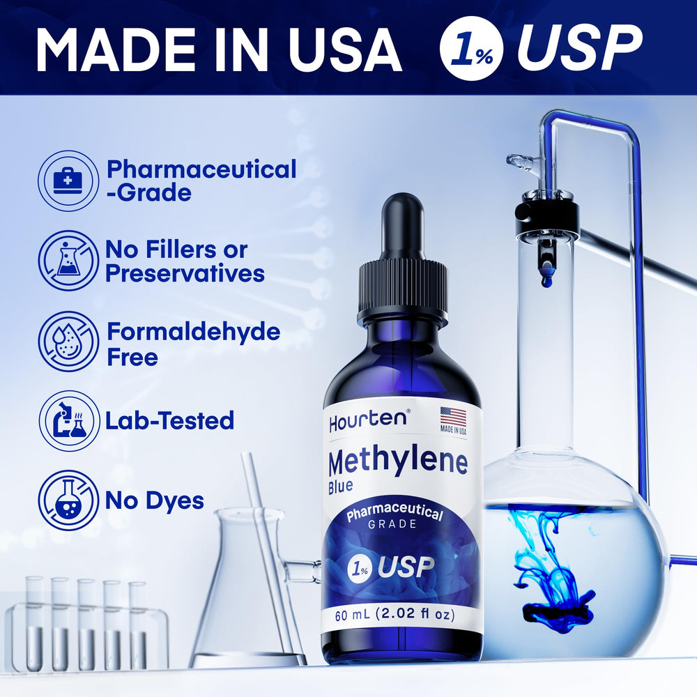 Hourten Methylene Blue Drops USP Grade label close-up for purity.