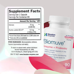 Houston Enzymes Biomuve bottle label close-up highlighting capsule design.