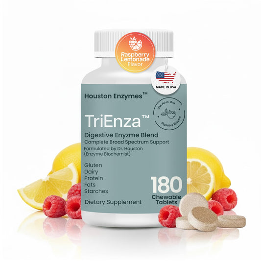 Houston Enzymes TriEnza bottle front view for on-the-go digestion support.