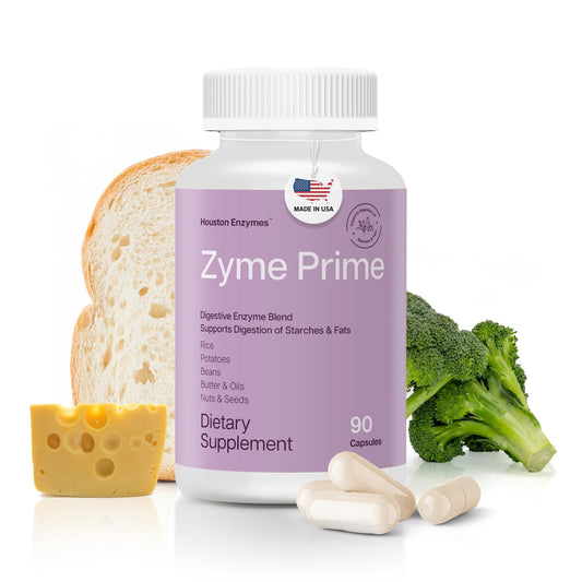 Houston Enzymes Zyme Prime bottle front showing digestive support after meals
