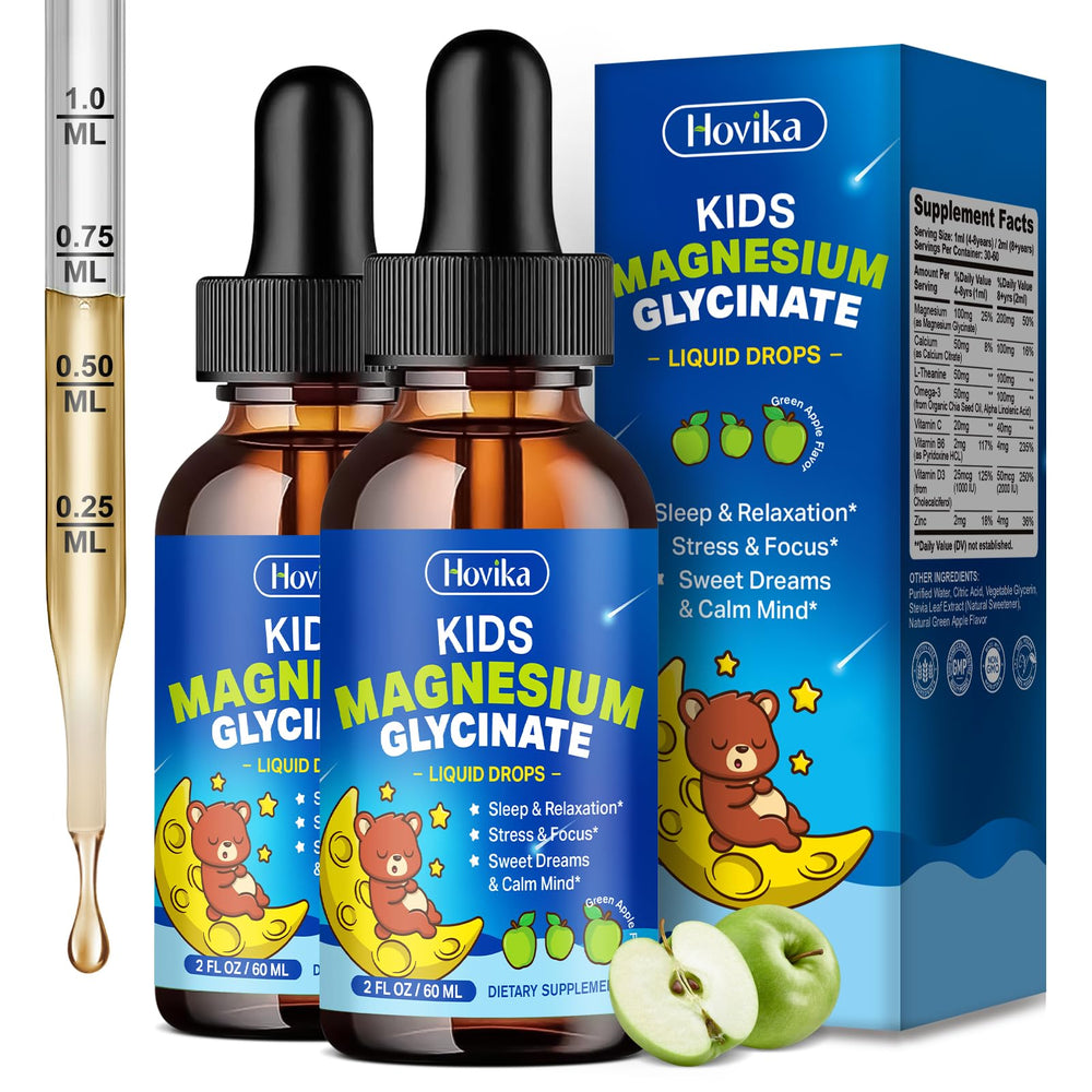Hovika Kids Magnesium Liquid bottle pour in green apple flavor for easy dosing.