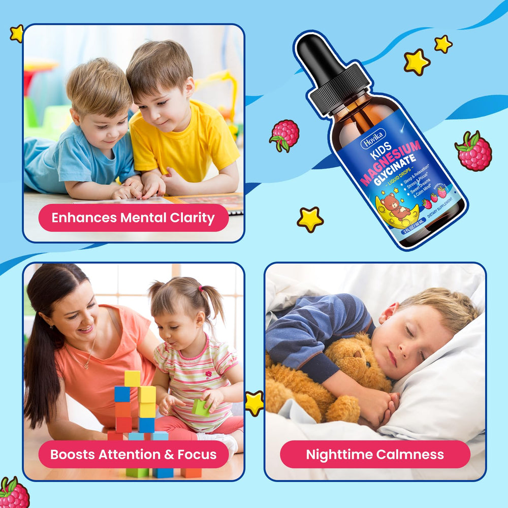 Hovika Raspberry Magnesium Drops for Kids pouring into water, quick mix with juice or water