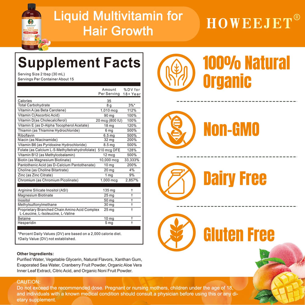 HOWEEJET bottle label shows Biotin 10000mcg for skin and hair.