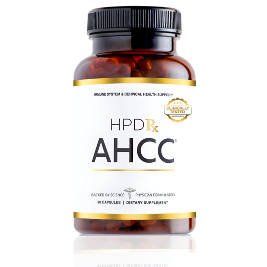 HPD Rx AHCC & Shiitake bottle demonstrates easy daily immune support.