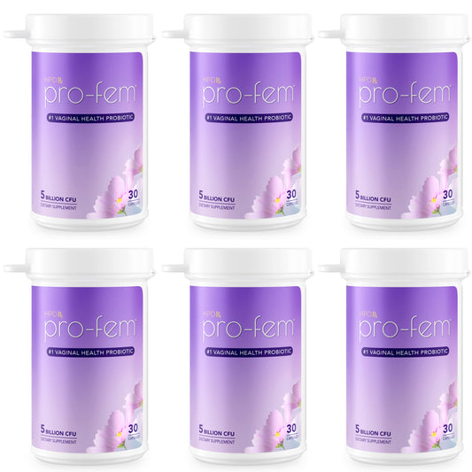 HPD Rx Pro-Fem bottle and capsules illustrate daily vaginal health support for pH balance