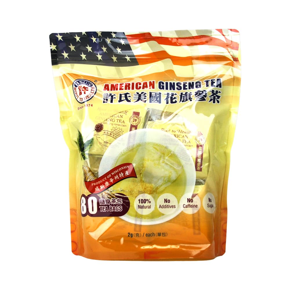 Hsu's American Ginseng tea bag packaging signals premium quality and freshness.